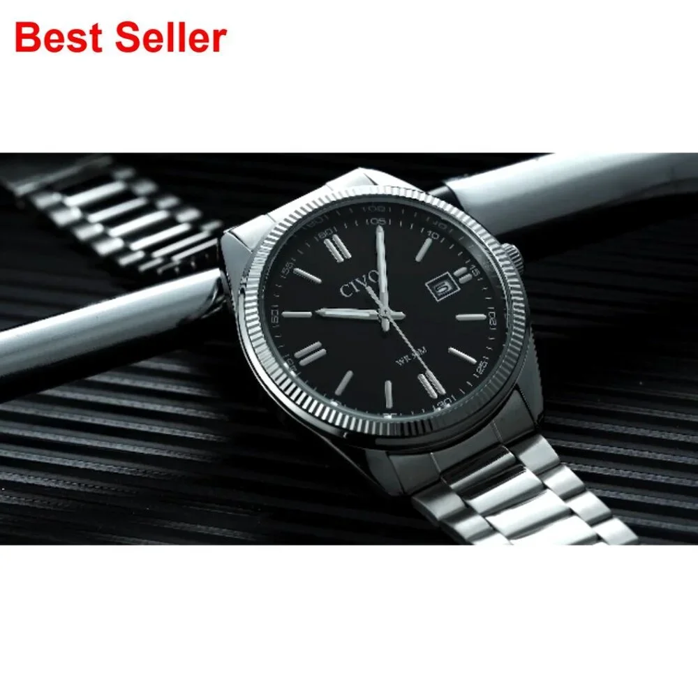 Stainless Steel Analog Watch with Date Display and Luminous Hands